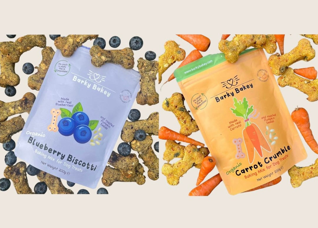 BarkyBakey Cotswold Bakehouse Collection – Blueberry Biscotti and Carrot Crumble organic dog biscuit mixes.