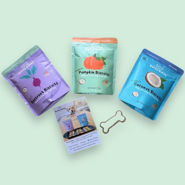 🎉Starter Pack - all 3 Flavours of Organic Baking Mix for Your Dog + free cookie cutter